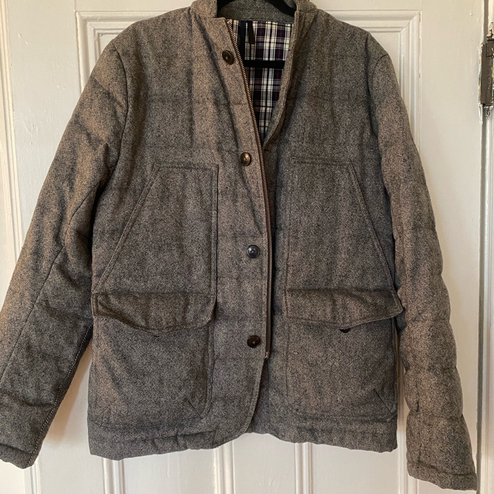 Gray outer wool, inner down, Puffer Jacket. Cotton lining